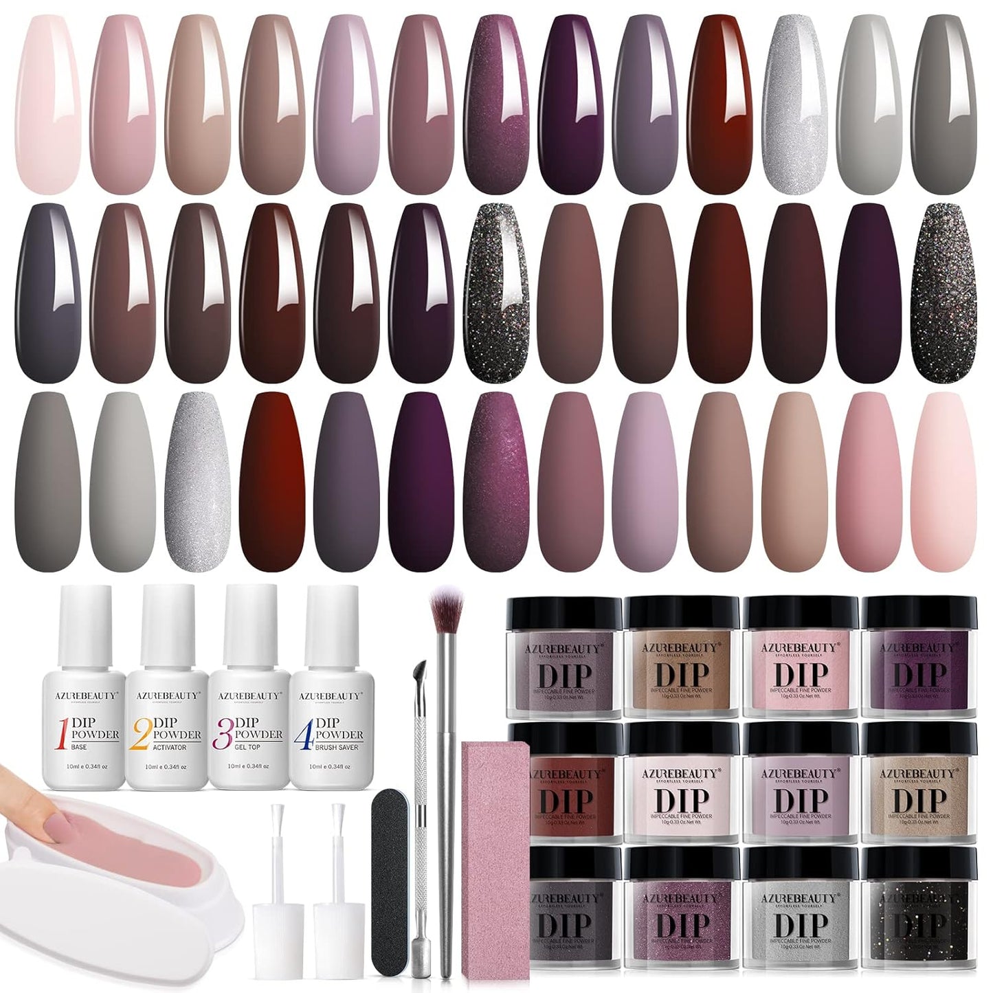 Dip Powder Nail Starter Kit Nude Pink Brown Grey Dipping Powder 20 Dark Light Trend Colors Recycling Tray Liquid Set Top Base Coat Activator for French Nail Art Manicure Salon