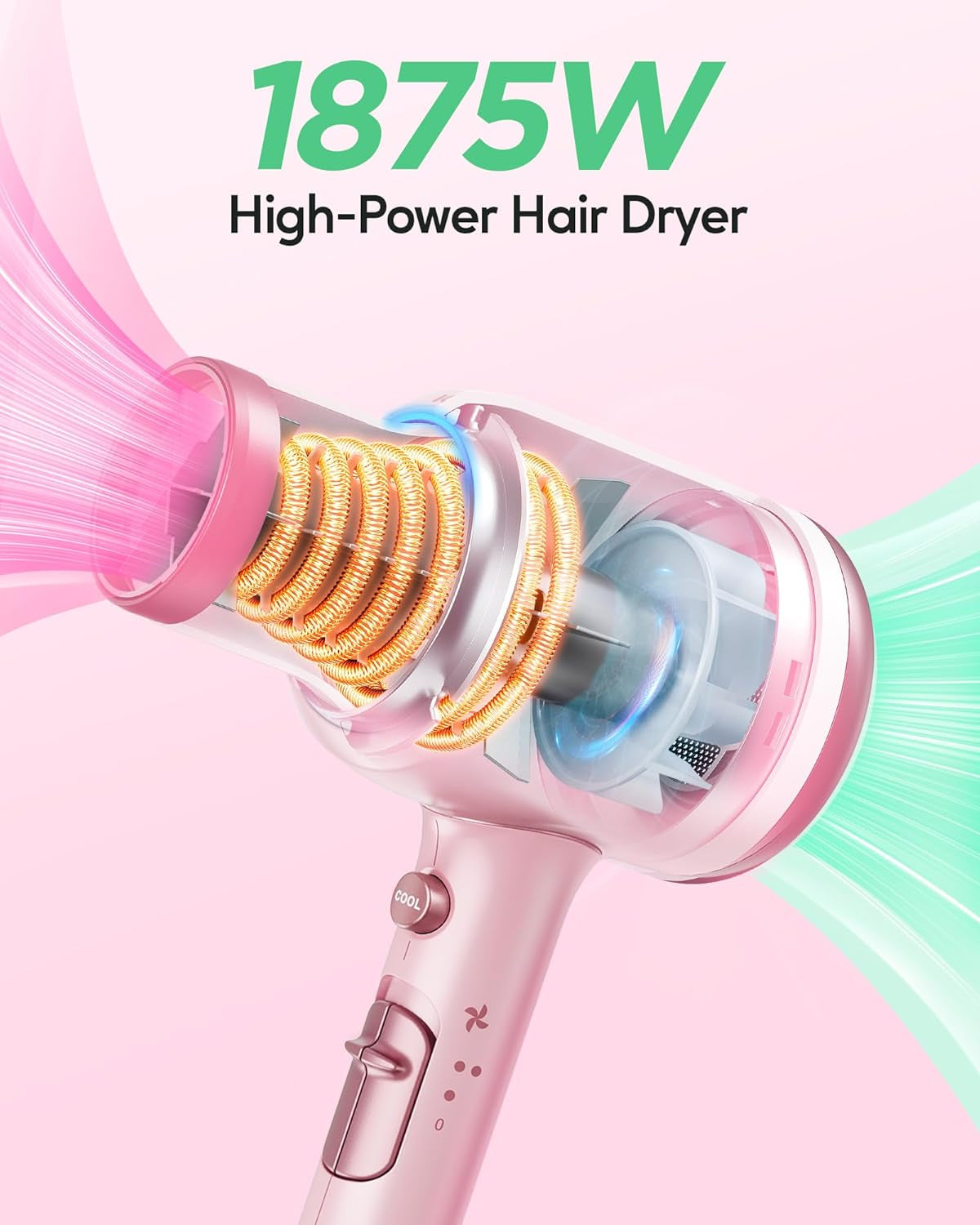 Professional Hair Dryer with Diffuser 1875W Power Dryer, Blow Dryer Ionic Hair Dryer for Women with Constant Temperature, Fast Drying &Low Noise, Millennial Pink