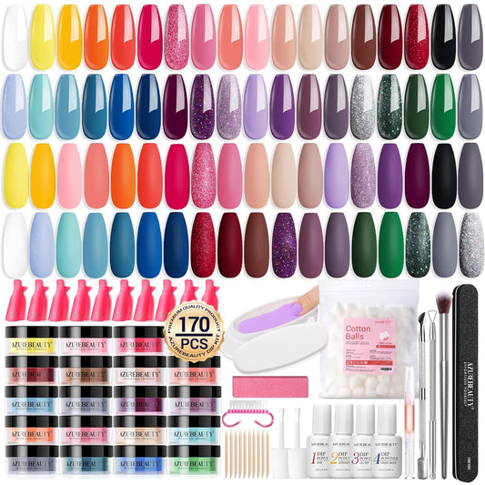 170Pcs Dip Powder Nail Kit Starter 36 Colors Pink Red Purple Spring Summer Dipping Powder with Base/Top Coat Activator Dip Liquid Set + Nail Removal Accessories Set for Gift