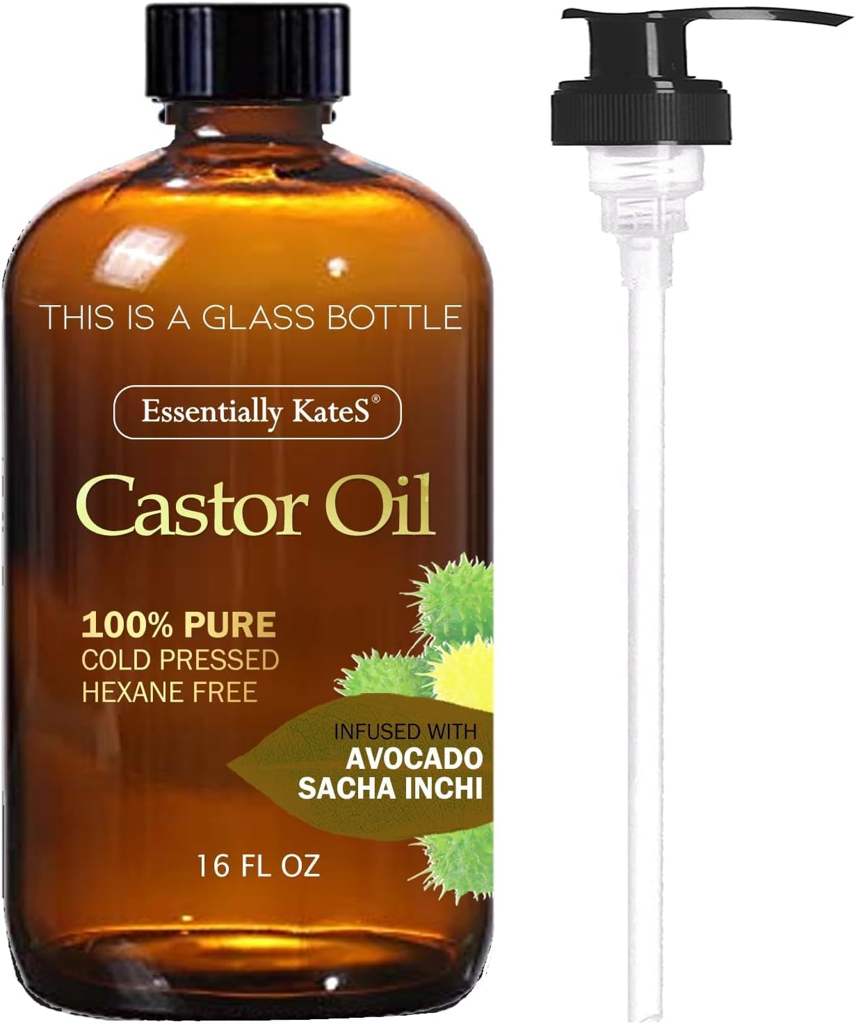 Castor Oil 16 Fl Oz (Glass Bottle) - Original Unrefined - a Huge Glass Bottle with a Pump - 100% Pure and Natural, Cold Pressed, and Hexane-Free - Hair Oil, Body Oil