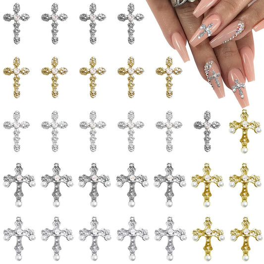 3D Cross Nail Charms, 30Pcs Cross Nail Decorations for Nail Art, Pearl Gems Diamond Nail Decor, Metal Alloy Crystal Rhinestones Nail Studs for Women Girl DIY Jewelry Cellphone Crafts (Gold+Silver)