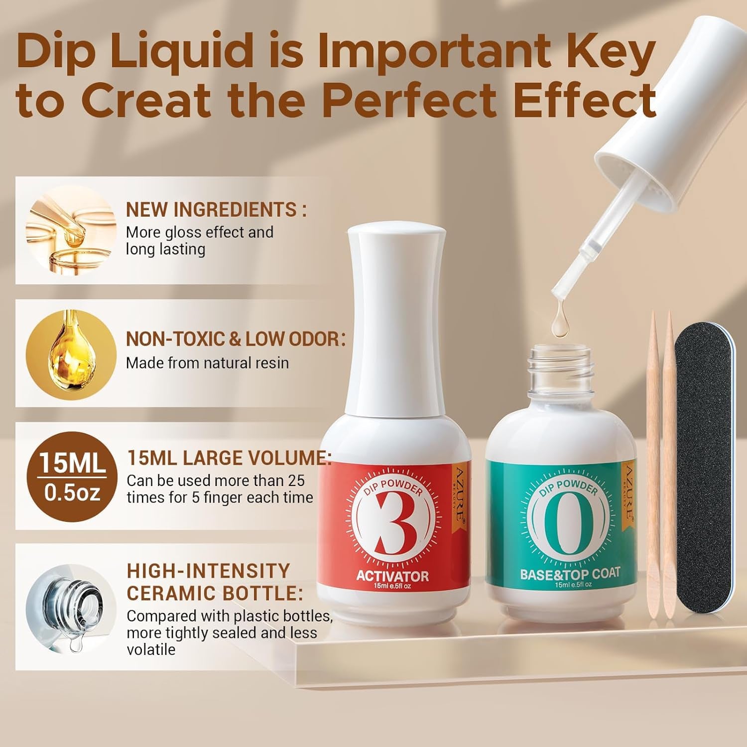 2 Combined Into1 Dip Powder Base & Top Coat with Activator, 0.5Oz/Bottle, Fast Drying, No Lamp Needed, for Nail Kit