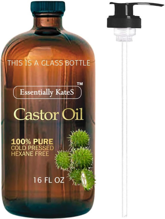 Castor Oil 16 Fl Oz (Glass Bottle) - Original Unrefined - a Huge Glass Bottle with a Pump - 100% Pure and Natural, Cold Pressed, and Hexane-Free - Hair Oil, Body Oil