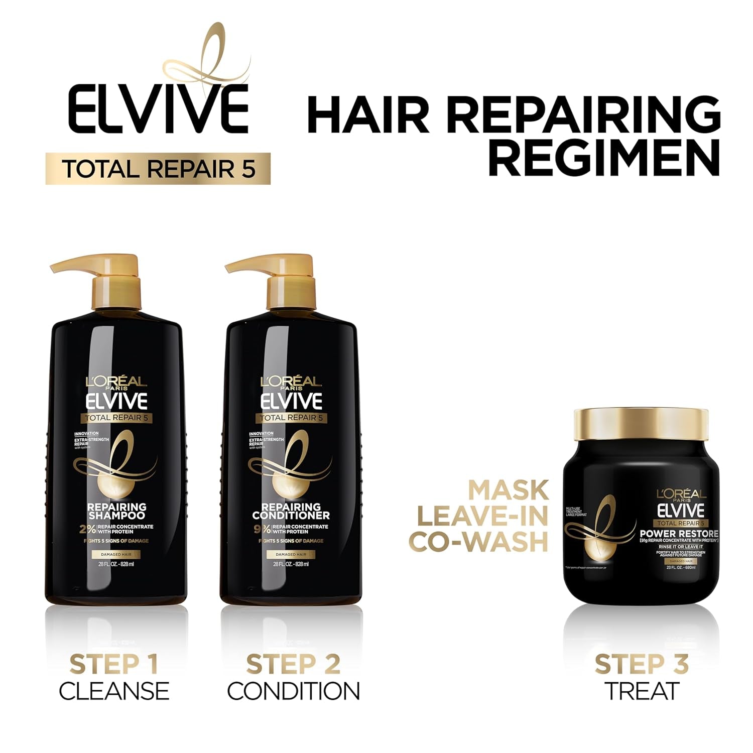 Elvive Total Repair 5 Repairing Shampoo and Conditioner for Damaged Hair, 28 Ounce (Set of 2)