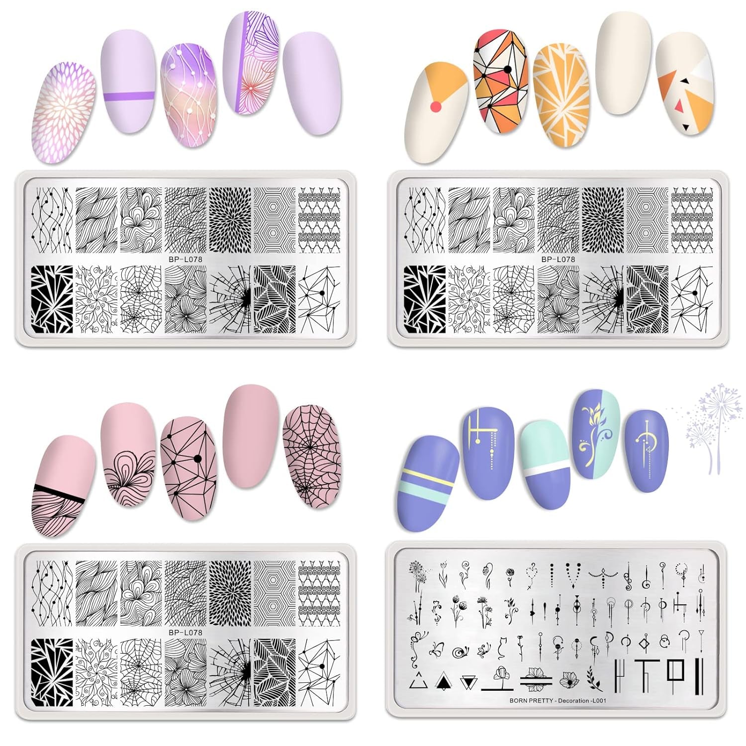 Nail Stamping Plates Set Plaid Flowers Leaves Lace Nail Art Image Plates Spring into Winter Stamp Templates Kit Image Manicuring DIY Printing Tools 8PCS