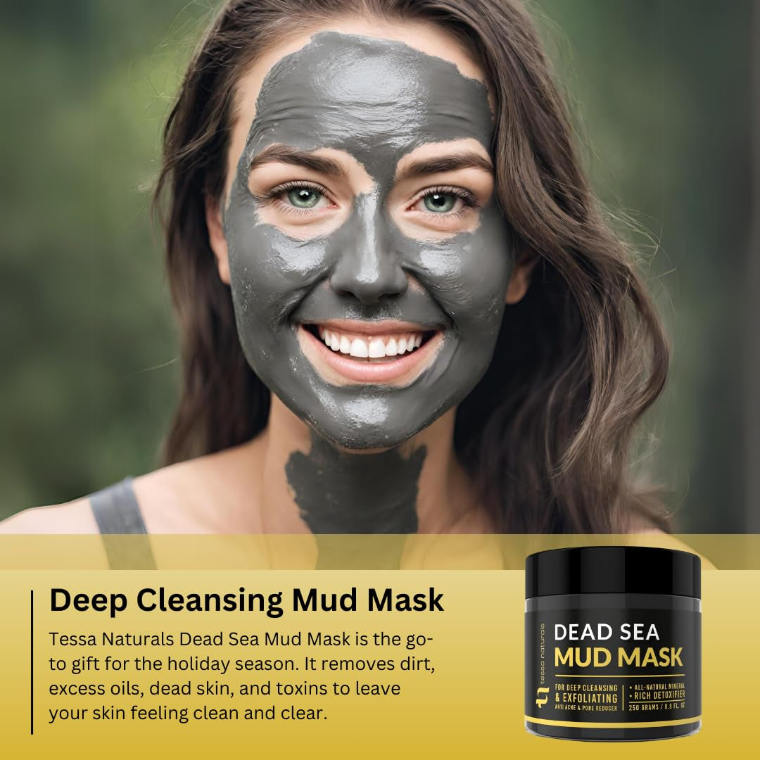 TESSA NATURALS Dead Sea Mud Mask - Face and Body - Spa Quality Pore Reducer, Blackheads & Oily Skin - Natural Anti-Aging Skincare for Women and Men - Tightens Skin with Collagen