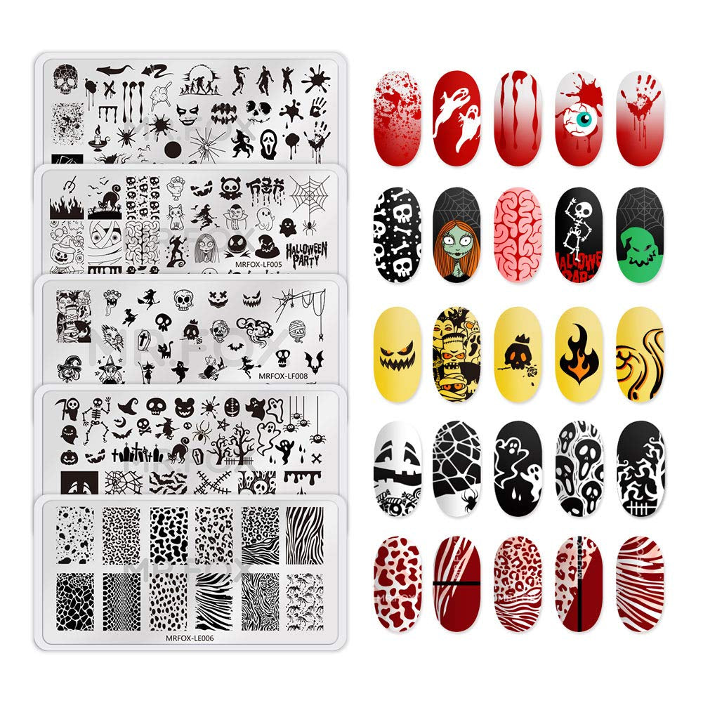 MRFOX 5 Pcs Nail Plates Stamping Set Marbled Punk Spider Web Heart Star Theme Leaf Nail Art DIY Stamping Template