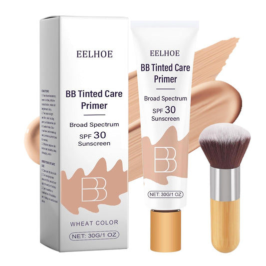 BB Blur Tinted Moisturizer SPF 30, BB Cream Tinted Moisturizer with Broad Spectrum SPF, BB Tinted Care Primer with Brush, Full Coverage Light-Medium Skin Color Hydrating & Smoothing (Natural)-1Pcs-T3.