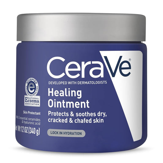 Healing Ointment, Hydrating Skin Protectant with Petrolatum, Hyaluronic Acid & Ceramides, Face & Body Skin Barrier Repair for Cracked, Chafed, Dry Skin, Fragrance Free & Lanolin Free, 12 Oz