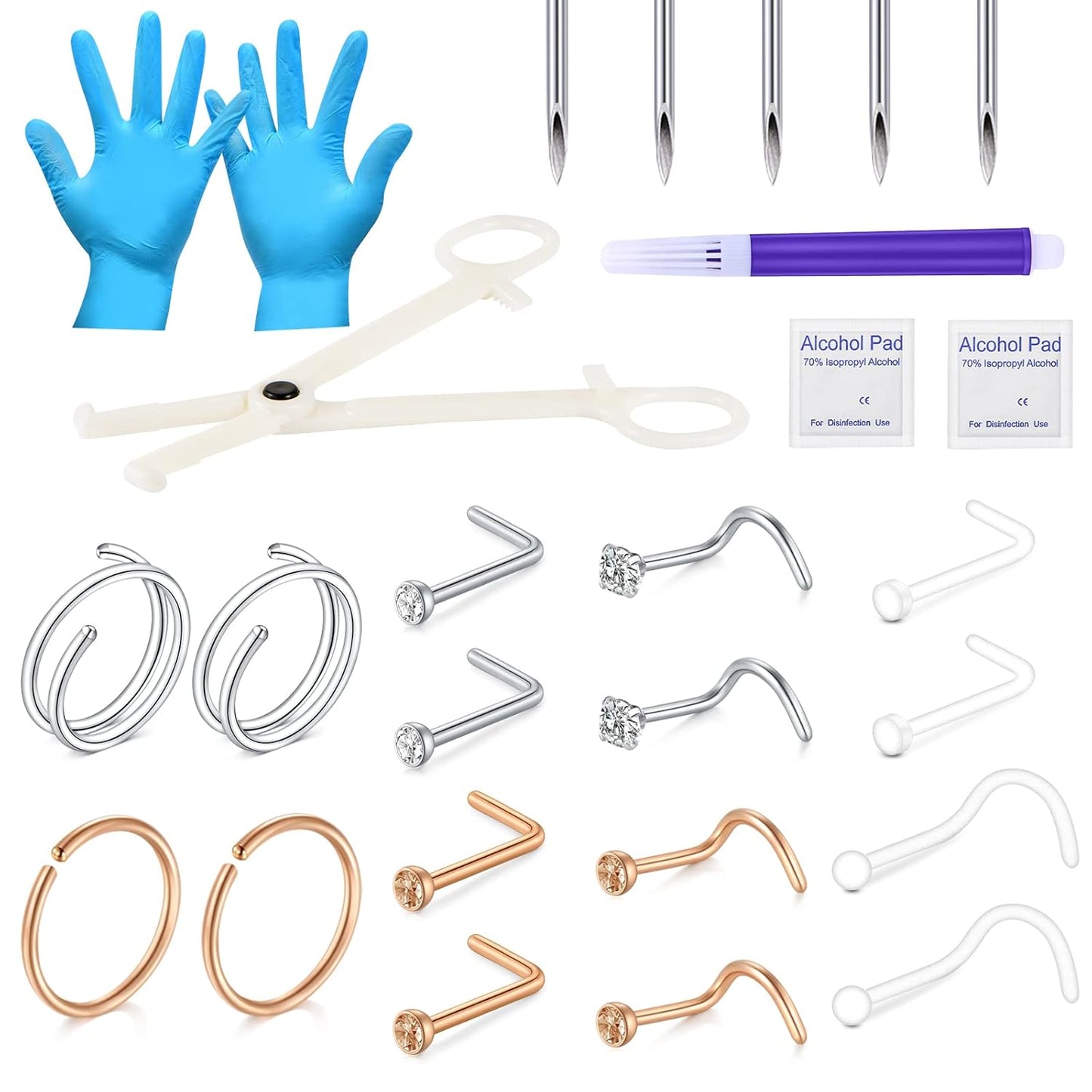 22PCS Nose Piercing Kit, Piercing Needles with 18G 20G CZ Nose Screw Studs Double Nose Rings Hoop Captive Nose Rings Stainless Steel Jewelry for Nose Septum Piercing Needles Kit