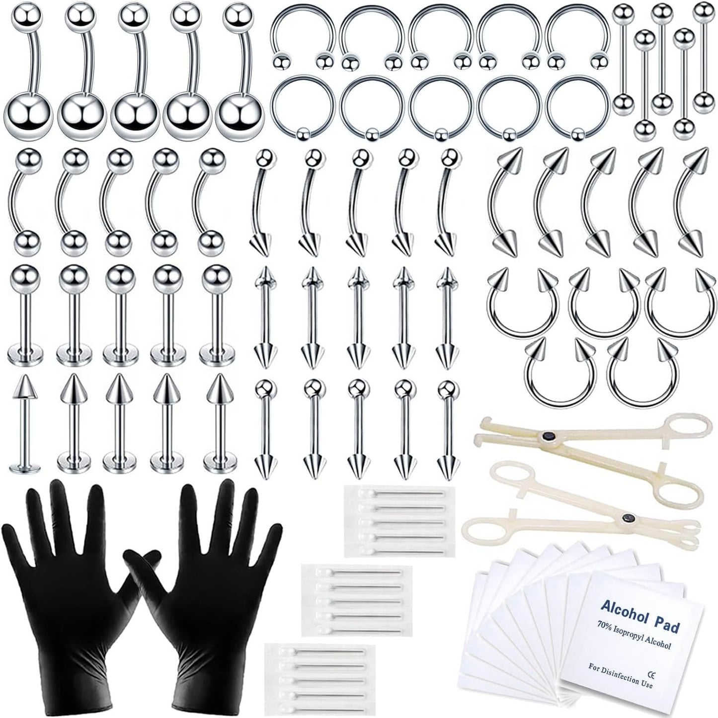 84 & 98 & 120 PCS Body Septum Piercing Kit 14G 16G Tools for Nose Tongue Lip Ear Eyebrow Belly Button Cartilage Tragus Industrial Barbell Helix Daith Piercing Jewelry Clamps