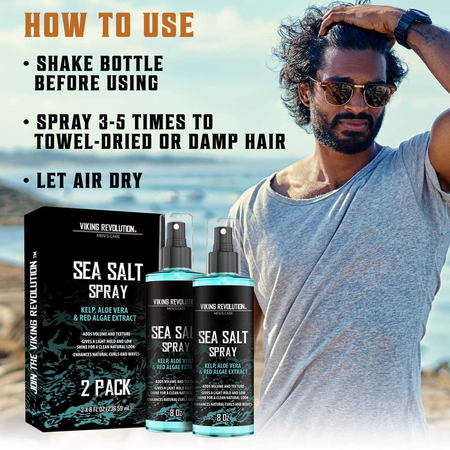 Sea Salt Spray for Hair Men - Hair Texturizing Spray with Kelp, Aloe Vera & Red Algae Extract - Surf Spray to Add Volume and Texture- Sea Salt Spray for Men Beach Hair Spray (2 Pack)