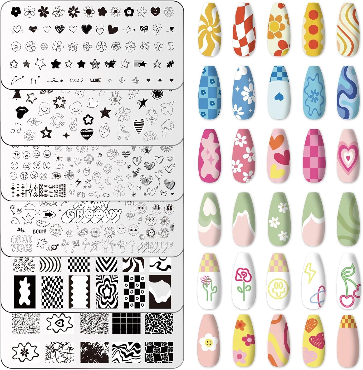 6Pcs Preppy Nail Plates Stamping Set Heart Flower Butterfly Star Smiling Stamp Templates Groovy Nail Art Plates for DIY Print Manicure Salon Design Gift