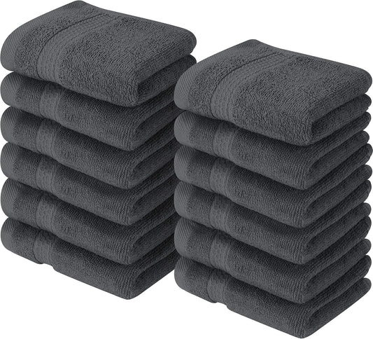 [12 Pack Premium Wash Cloths Set (12 X 12 Inches) 100% Cotton Ring Spun, Highly Absorbent and Soft Feel Essential Washcloths for Bathroom, Spa, Gym, and Face Towel (Grey)