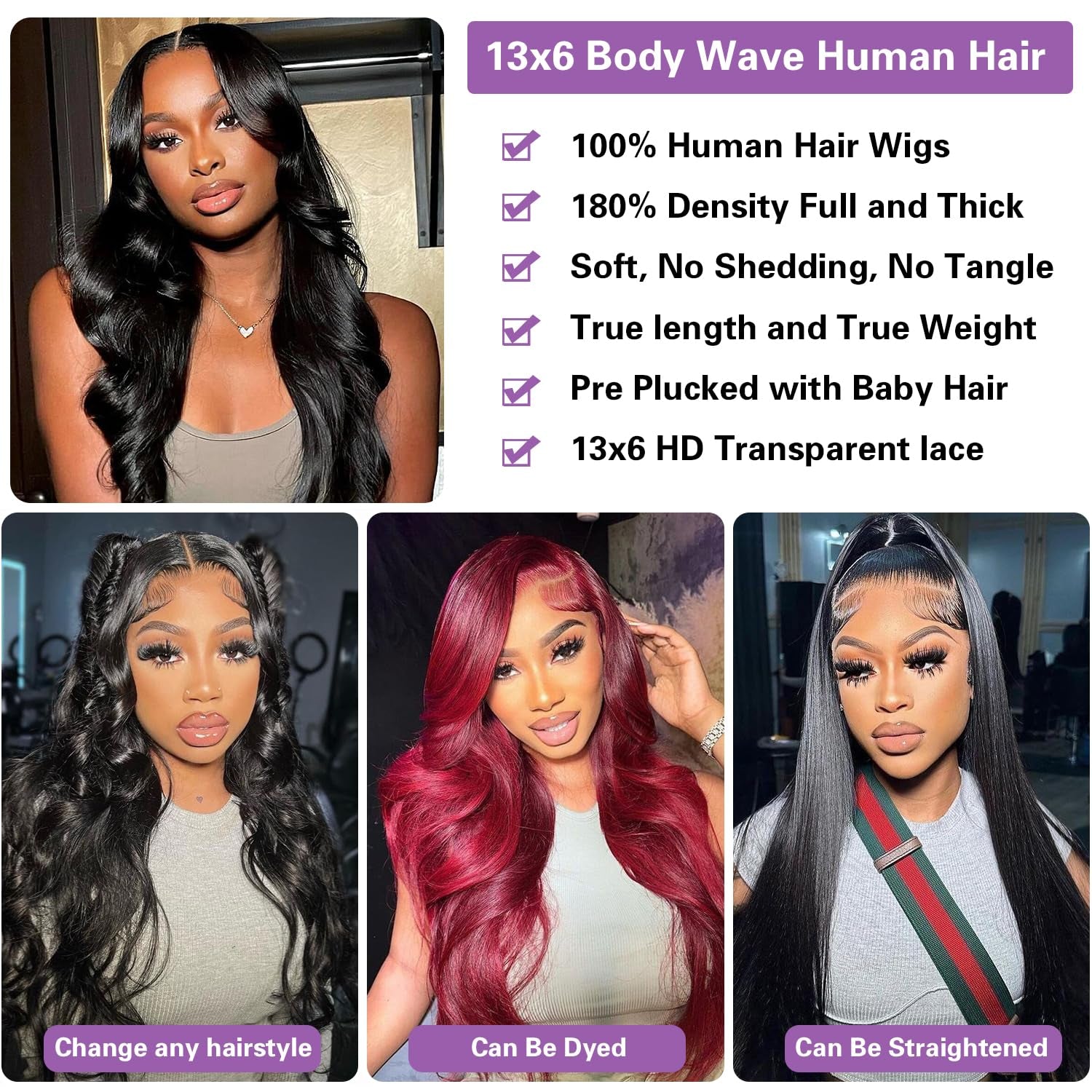 30 Inch Lace Front Wig Human Hair Pre Plucked 13X6 Body Wave HD Lace Front Wigs Human Hair for Women 180% Density Glueless Brazilian Virgin Human Hair Wig with Baby Hair Natural Black