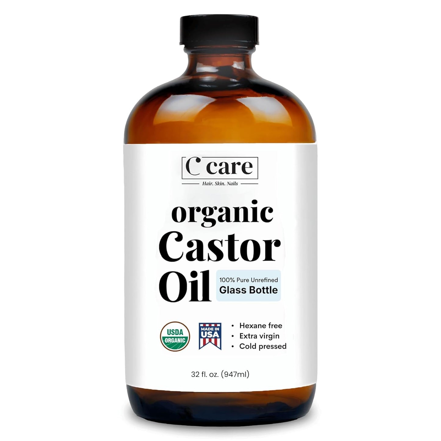 Castor Oil Organic Cold Pressed Unrefined Glass Bottle USDA Certified 100% Pure Organic Castor Oil Hexane Free Extra Virgin for Hair Growth Eyebrows Eyelashes Skin Use with Castor Oil Pack Wrap