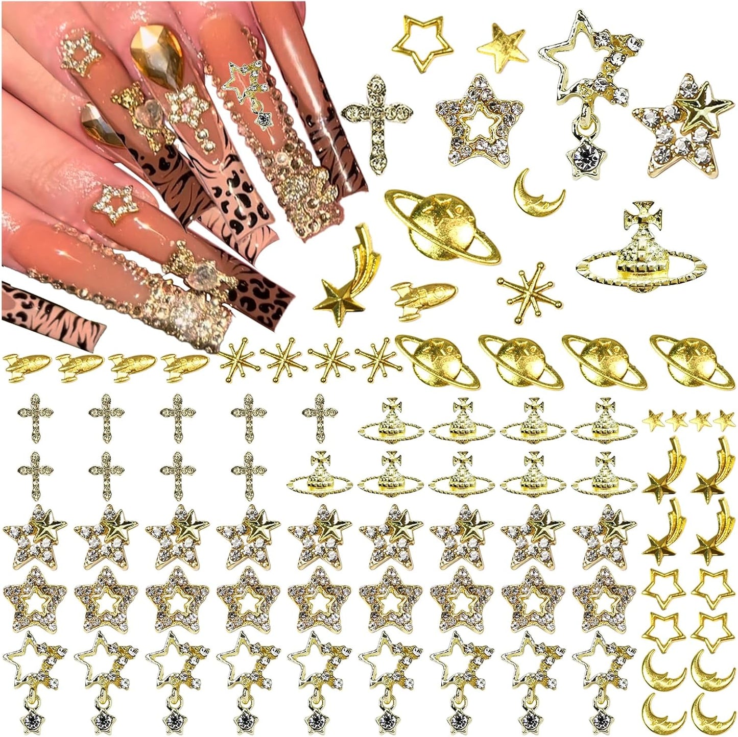 110PCS Star Nail Charms for Acrylic Nails,Silver Star Planet Cross Alloy Nail Art Decoration, Nail Stones Nail Jewels Accessories for Nail Art Supplies Manicure Craft DIY