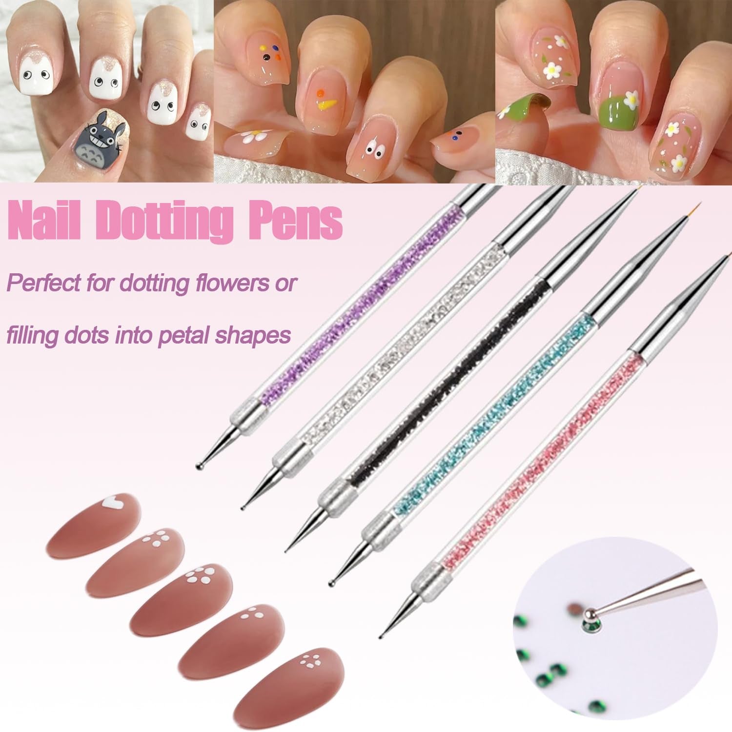 Nail Art Brushes, 5Pcs Nail Liner Brushes Double-Ended Acrylic Nail Brush Set 5/7/10/12/15Mm Nail Striping Brushes for French Nails Nail Dotting Pens