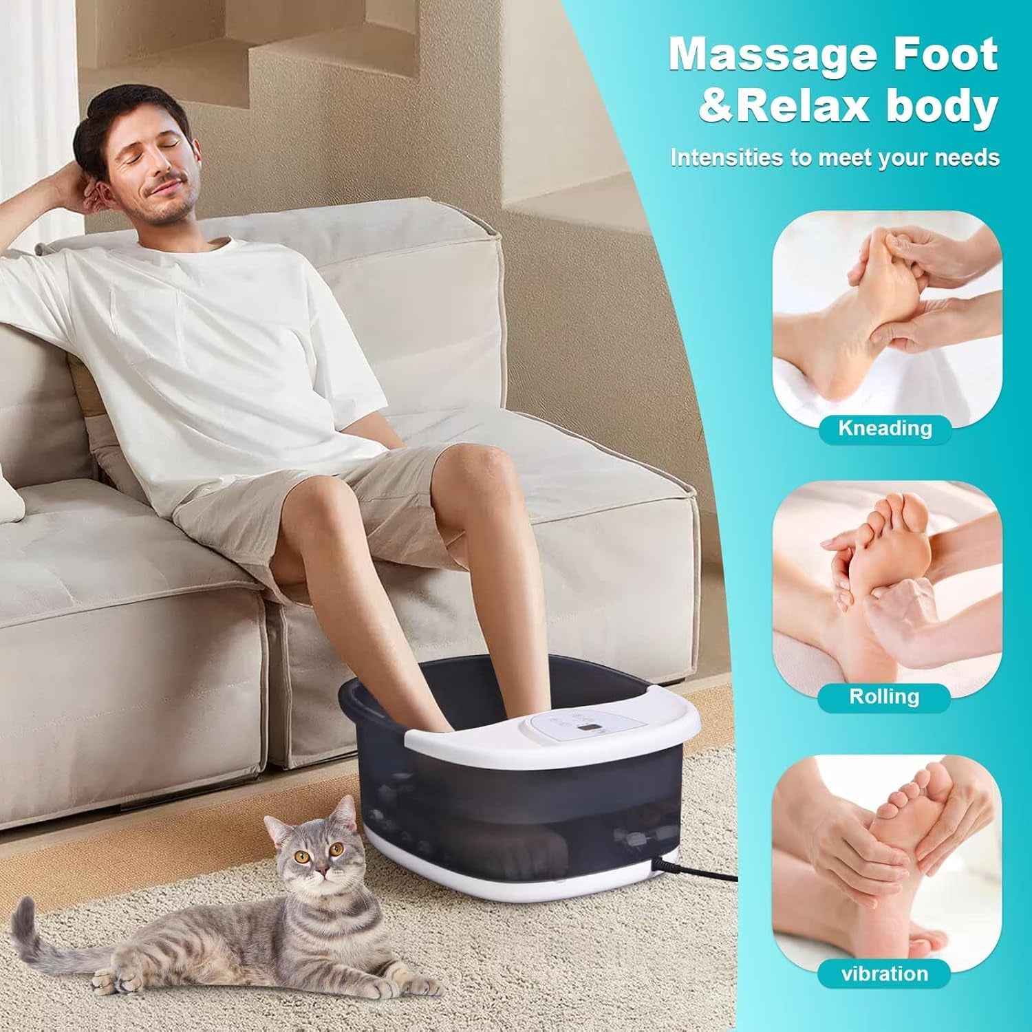 Foot Spa Bath Massager with Heat [2025 Upgraded], Vibration, Temperature Control, Jets, Bubbles, Epsom Salt and Red Light, Foot Soaker with 22 Massage Rollers, Foot Bath for Relaxation, Large, Grey