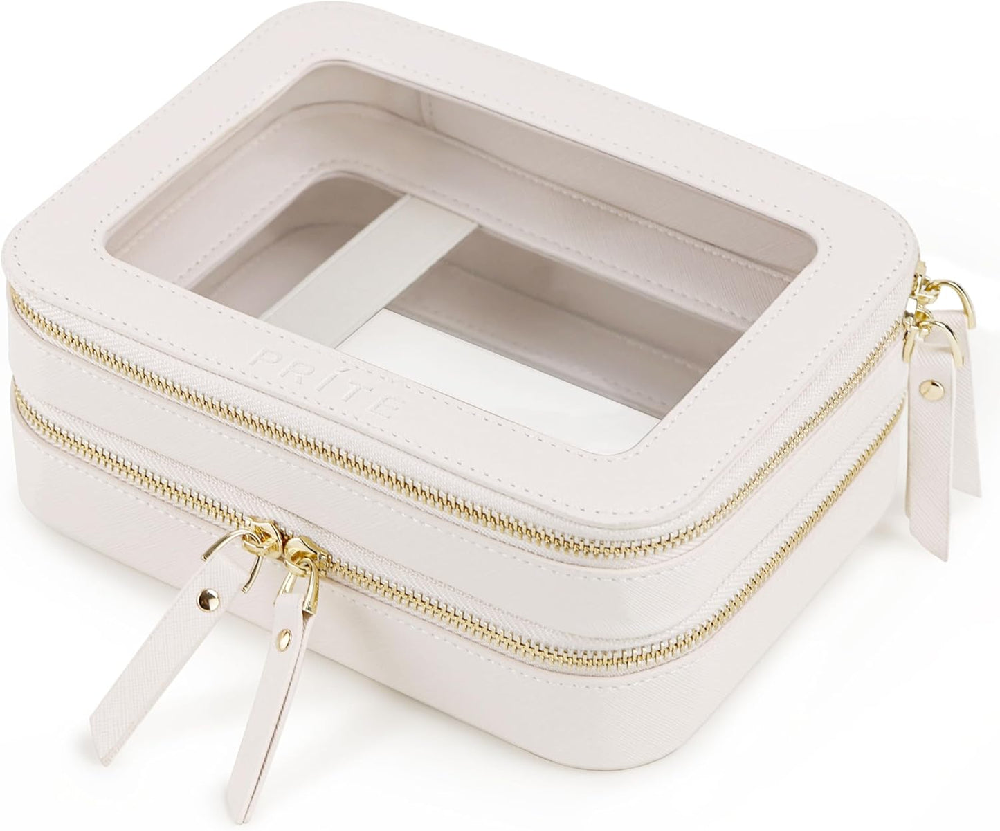 Clear Makeup Bag Cosmetic Organizer Case Waterproof Travel Toiletry Bag Skincare Pouch with Golden Zipper(Beige)