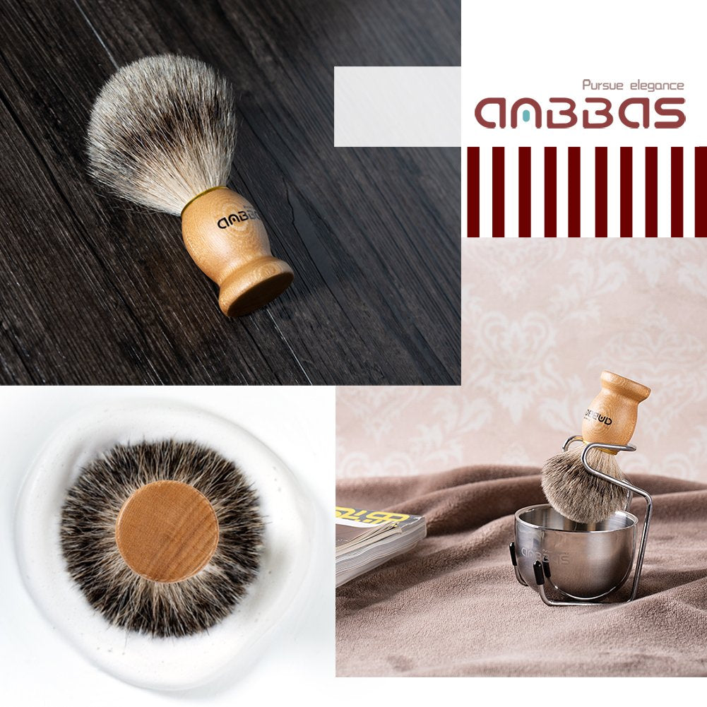 Pure Badger Hair Shaving Brush Solid Wood Handle with Goat Milk Shaving Soap 100G,Stainless Steel Shaving Stand and 2 Layers Shaving Bowl Kit Perfect for Men Gift