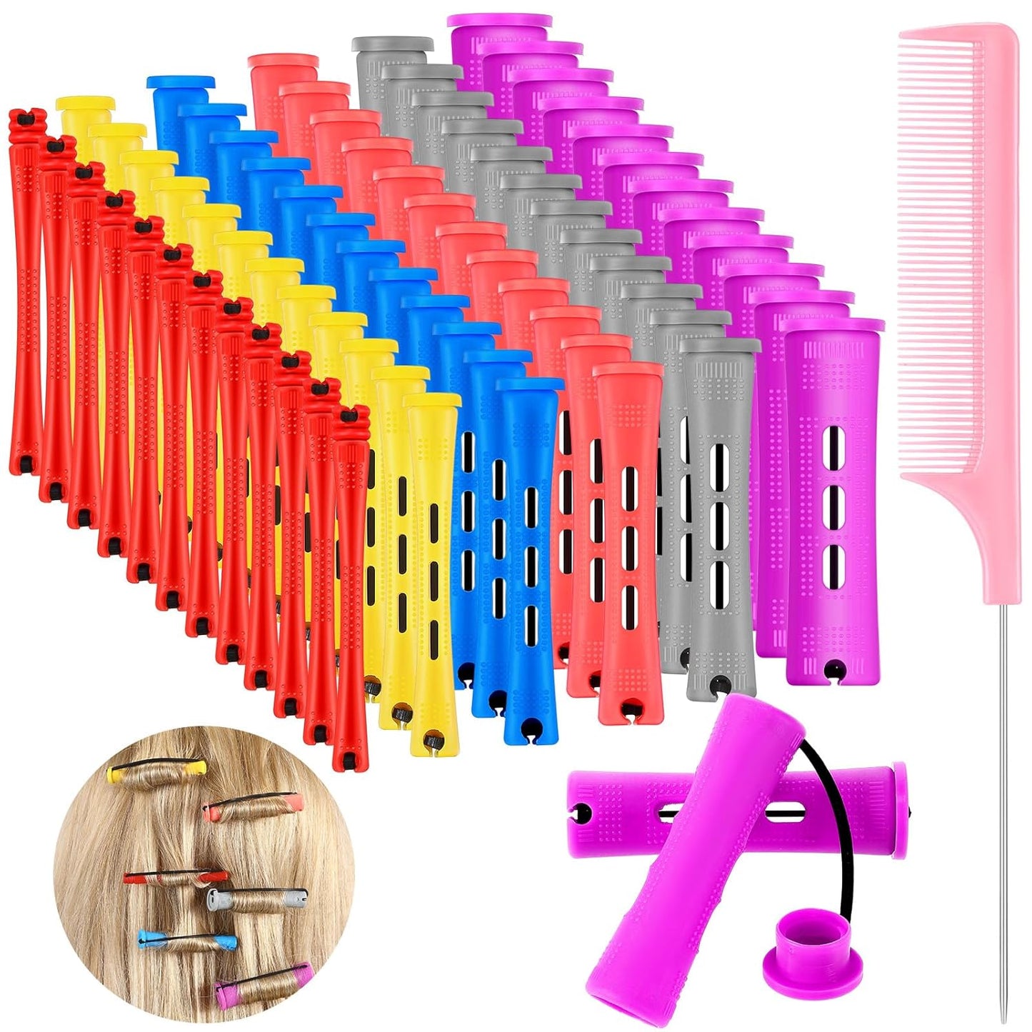 48 Pieces Hair Perm Rods Short Cold Wave Rods Plastic Perming Irons Hair Curling Rollers Curlers with Steel Pintail Comb Rat Tail Comb for Hairdressing Styling Supplies(0.2 Inch,Red)