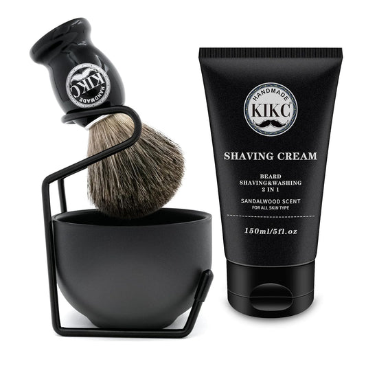 5 in 1 Shaving Kit for Wet Shave, Set Includes Hand Crafted Pure Badger Shave Brush, Stainless Steel Lathering Soap Bowl, Shave Brush Stand, Shaving Cream, Best Gift for Bearded Man, Deluxe Black