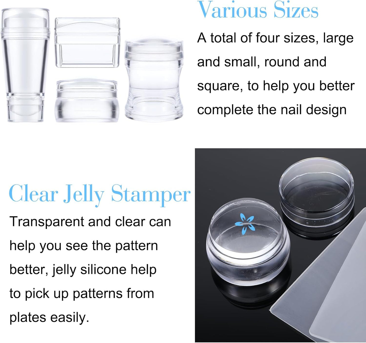 4 Pcs Nail Stamper, Clear Silicone French Nail Art Stamper Set with 4 Scrapers round Rectangular Double Head Body Jelly Nails Art Template Tools for DIY Nail Art Manicure