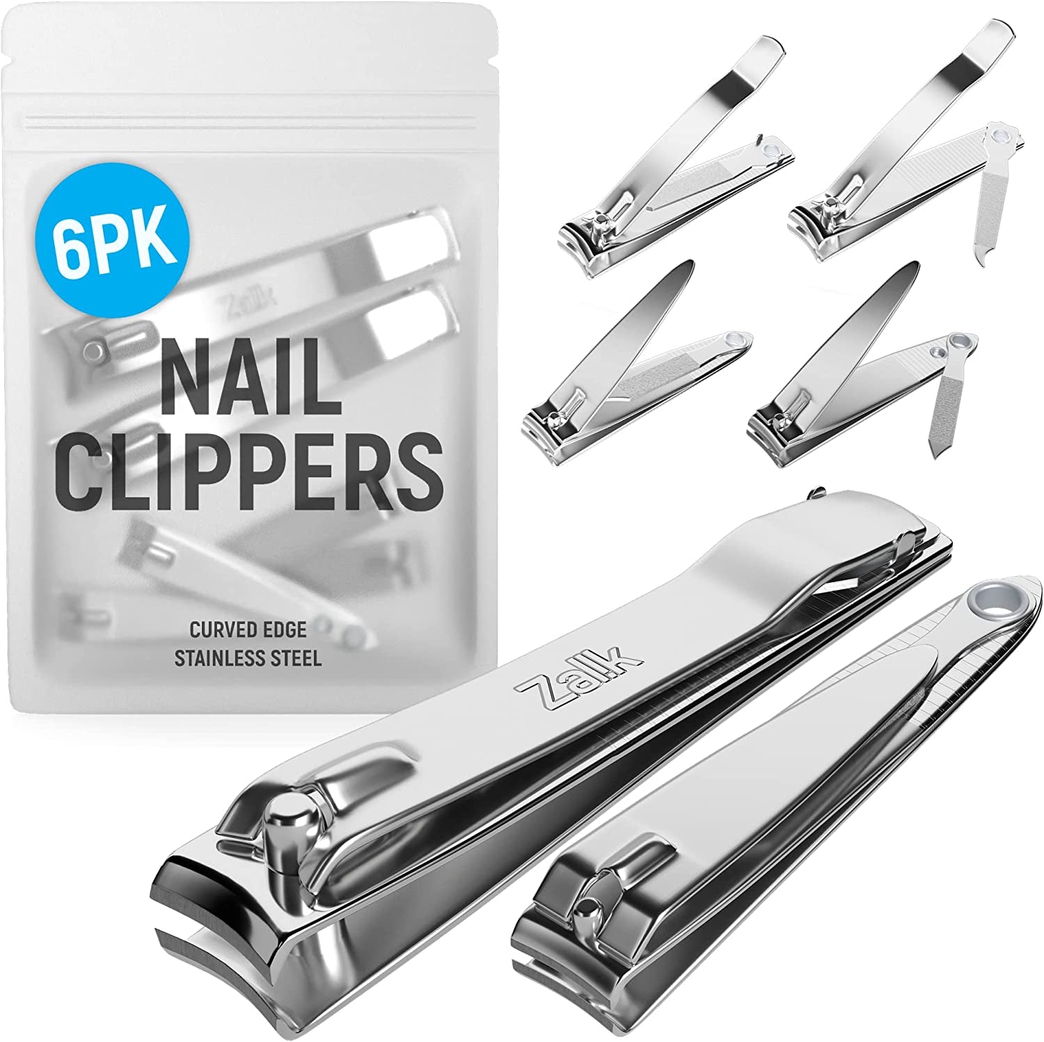 (6 Pack) Toe Nail Clippers Toenail Clippers and Fingernail Clipper Set, Premium Stainless Steel Ultra Sharp Sturdy Curved Edge Cutter Trimmer Finger Nail Clip for Adults Men Women Nail Cleaner